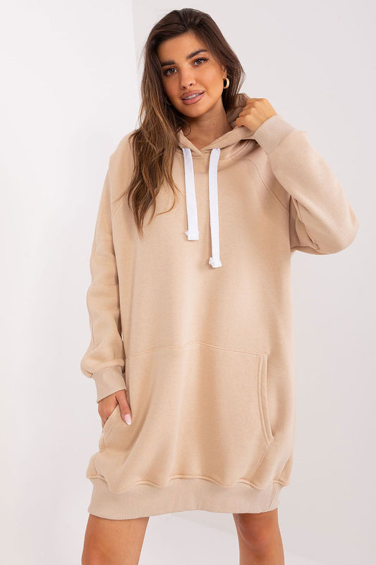 “Cozy Core Longline Hoodie in Beige, front view”