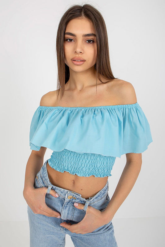  “Boho Breeze Off-Shoulder Top in Blue, front view”