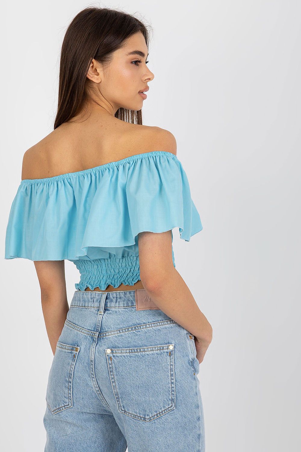  “Boho Breeze Off-Shoulder Top in Blue, back view”