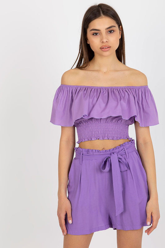 “Boho Breeze Off-Shoulder Top in Violet, front view”
