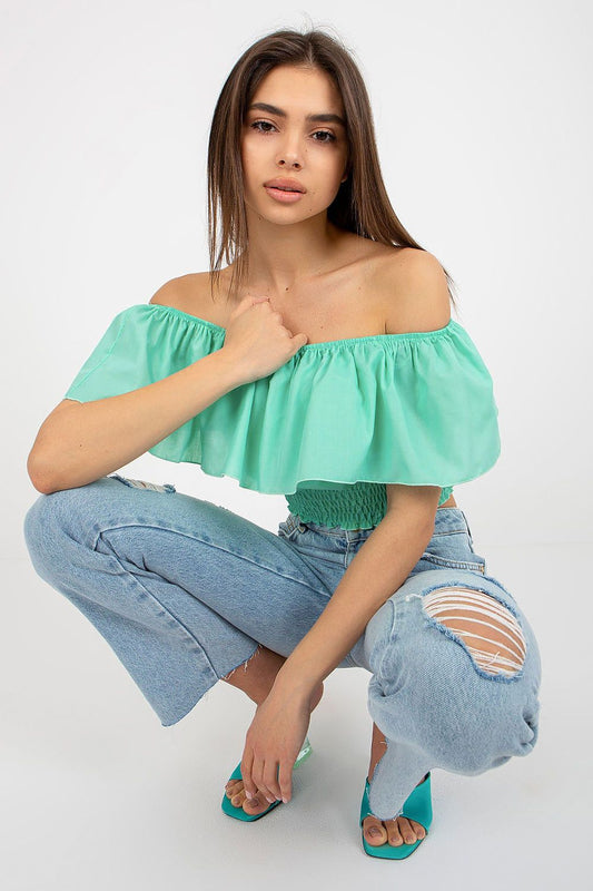 “Boho Breeze Off-Shoulder Top in Green, front view”