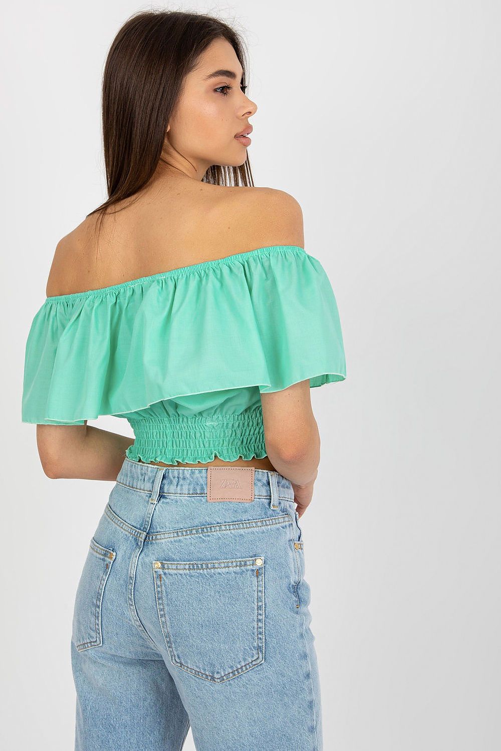  “Boho Breeze Off-Shoulder Top in Green, back view” 