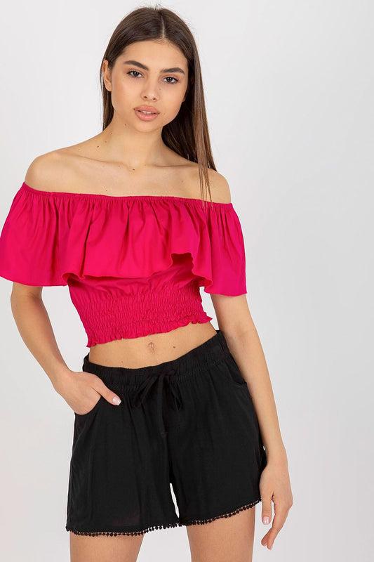 “Boho Breeze Off-Shoulder Top in Deep Pink, front view”