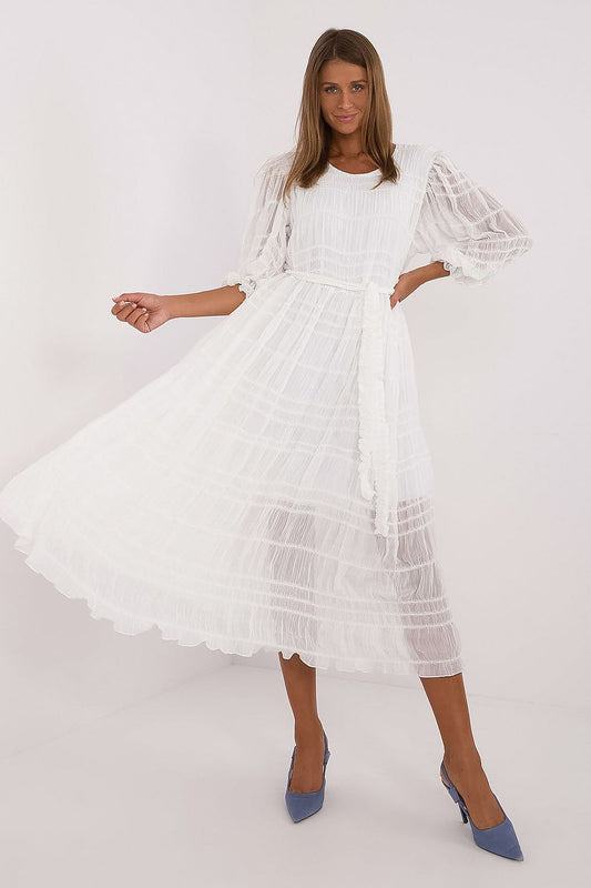  “Elegant Charm Puff-Sleeve Midi Dress in White, front view”
