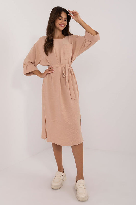 “Everyday Ease Belted Midi Dress in Pinky Brown, front view”