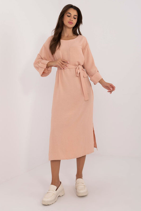 “Everyday Ease Belted Midi Dress in Light Pink, front view”