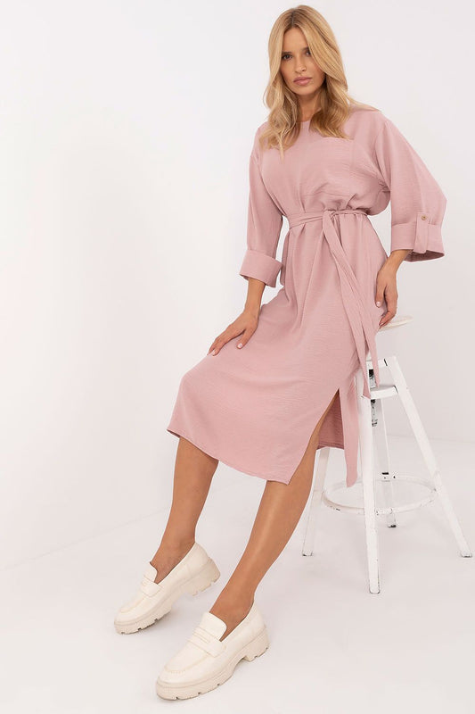 “Everyday Ease Belted Midi Dress in Pink, front view”