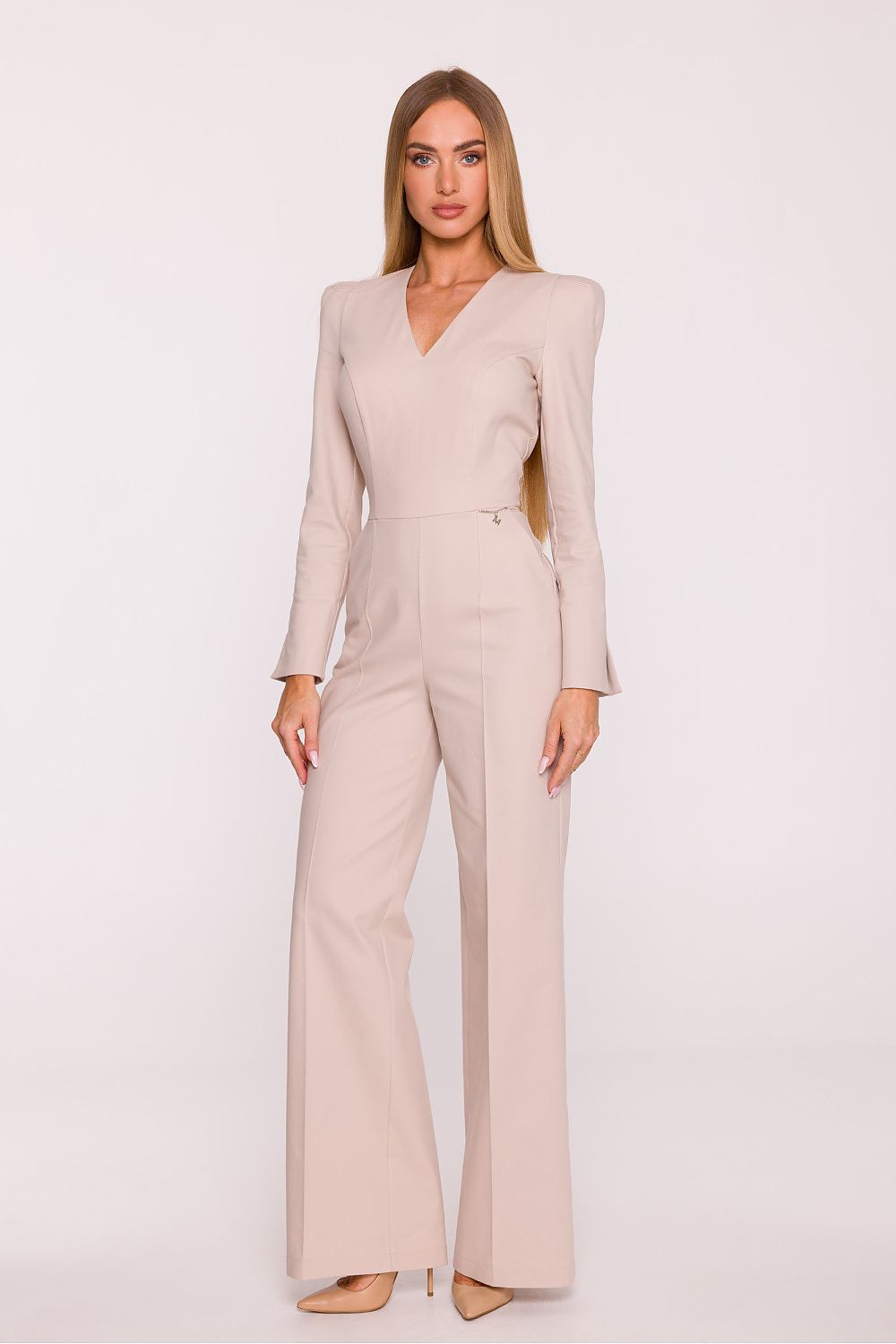  beige women’s structured palazzo jumpsuit