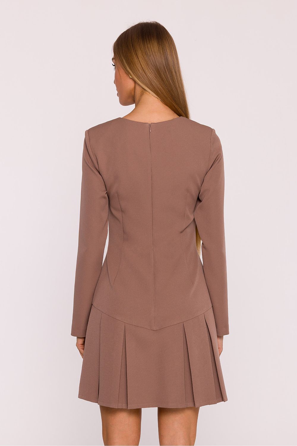 Brown dress worn by a model on a white background
