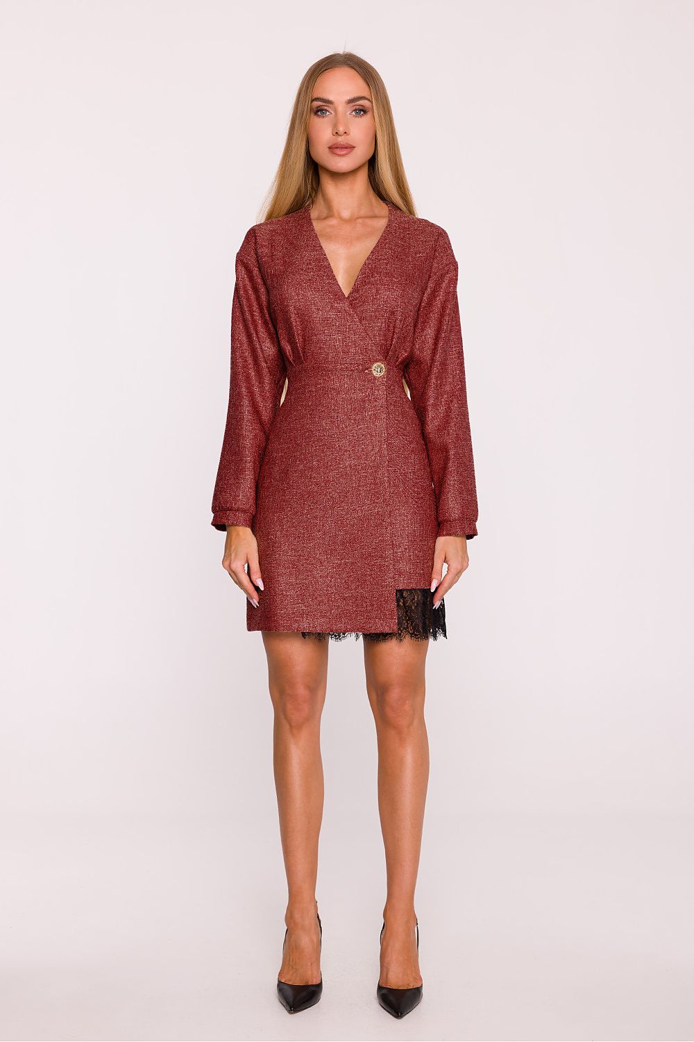 Woman wearing a burgundy dress with a white background