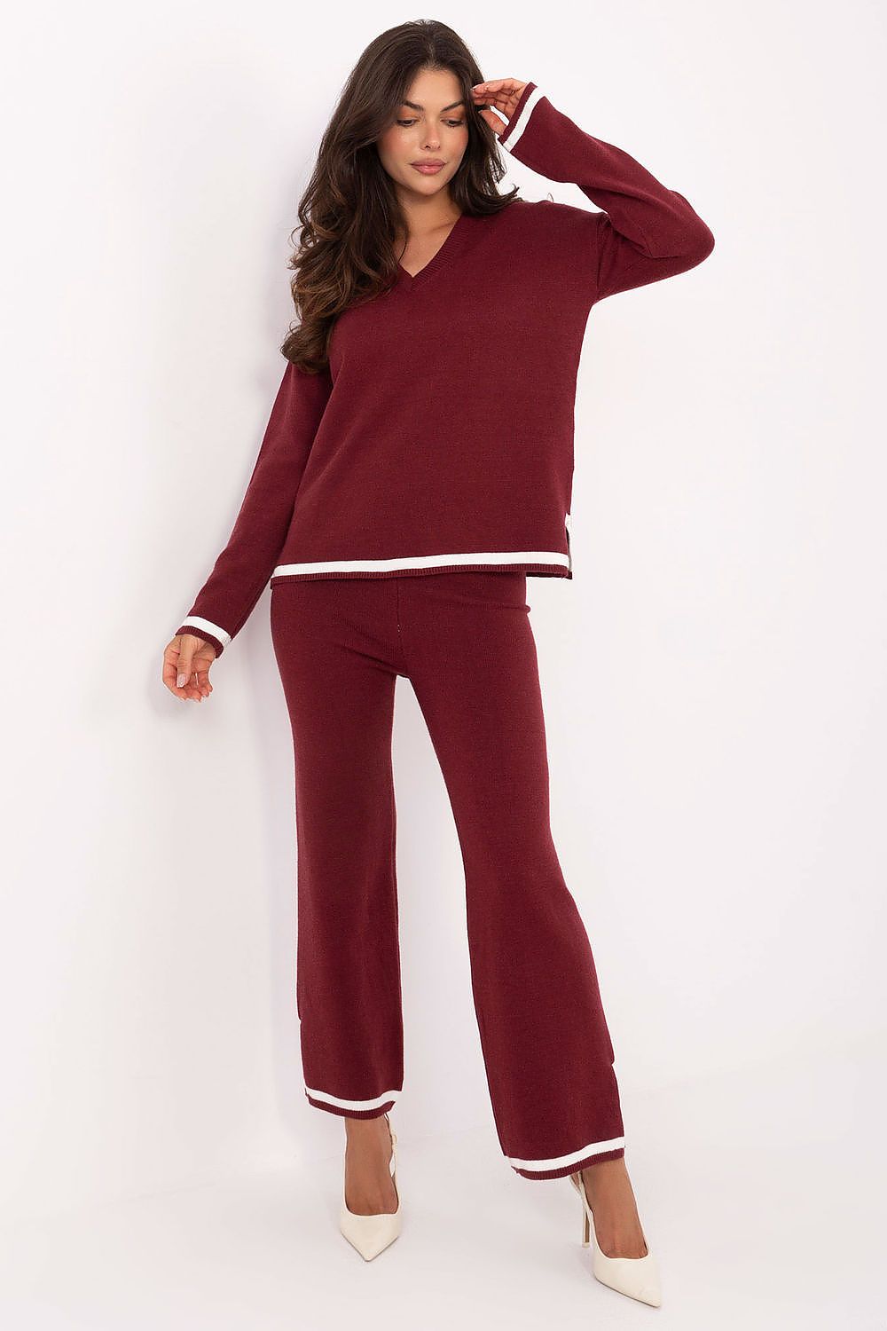  women’s deep red sweater and pants knit set