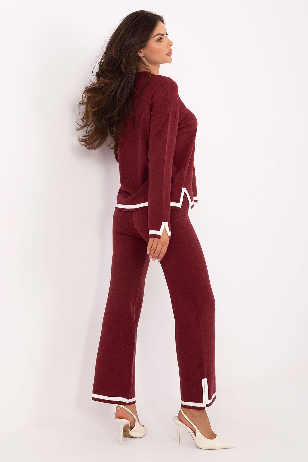 deep red knitwear set with contrast finish