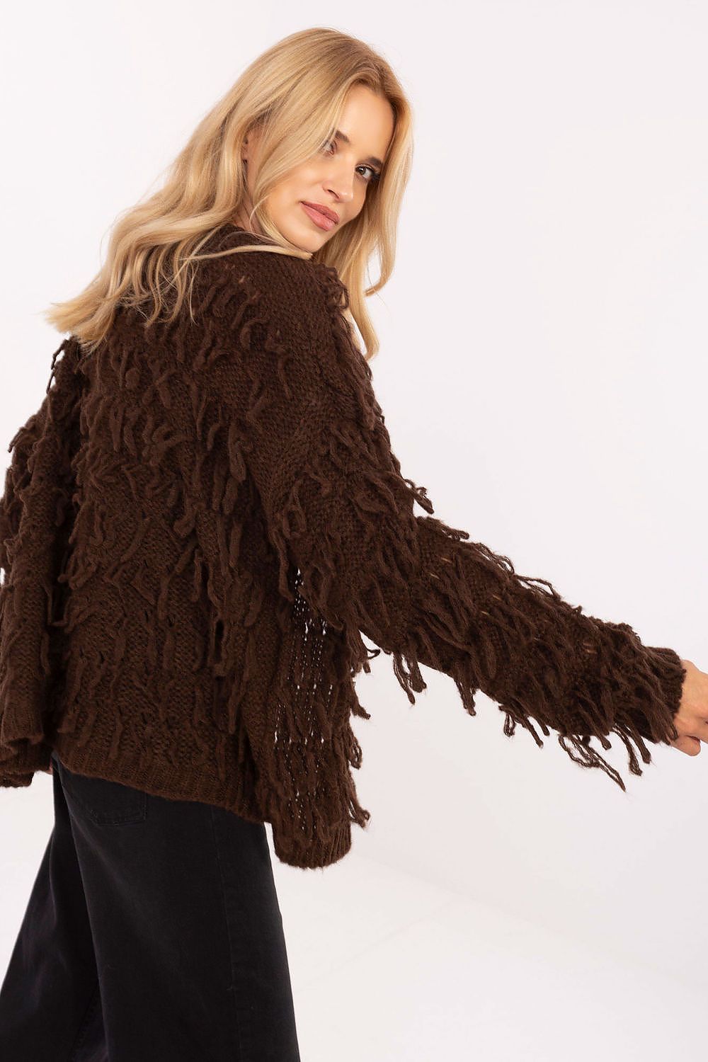 women’s casual boho cardigan with fringes long sleeves brown