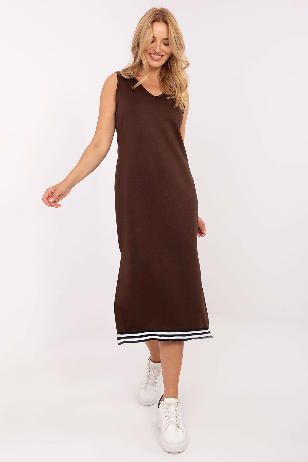  Brown women’s casual set with hoodie and midi dress front view 2