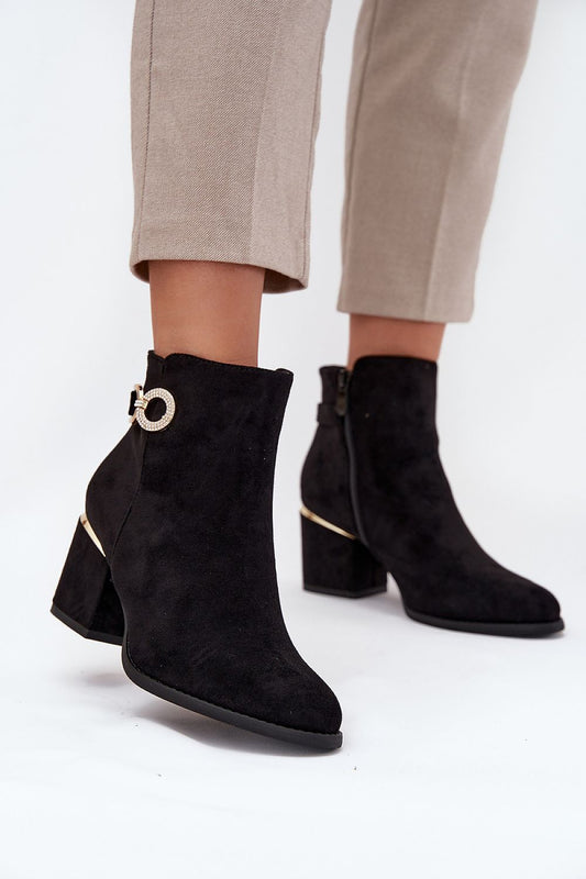 Women’s faux suede ankle boots with block heel and gold accents – front view