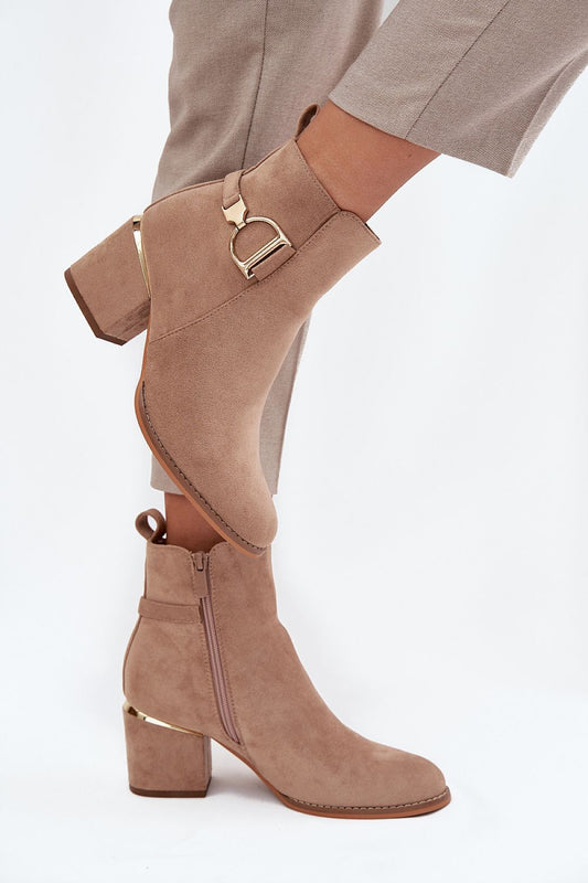  Women’s faux suede ankle boots with gold accents and column heel – front view