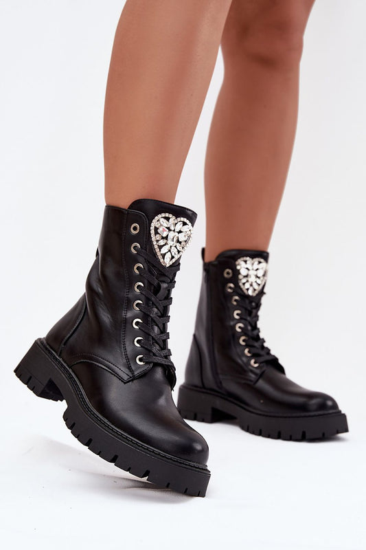 Women’s eco leather ankle boots with crystal heart detail – front view
