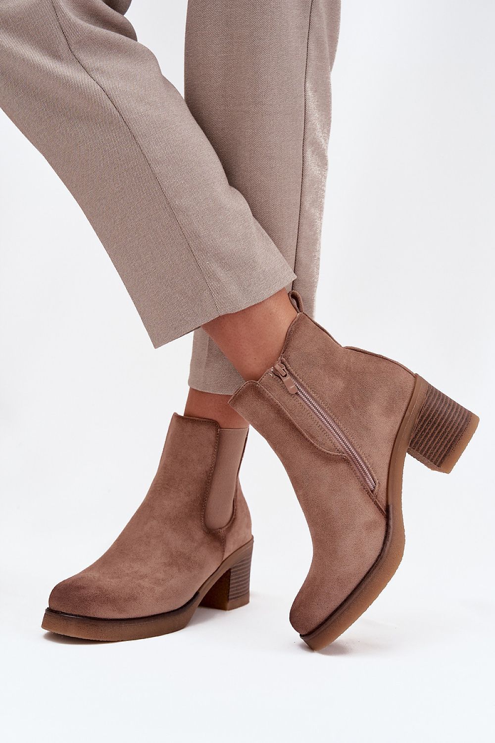  Elegant eco suede ankle boots with column heel – front view 2