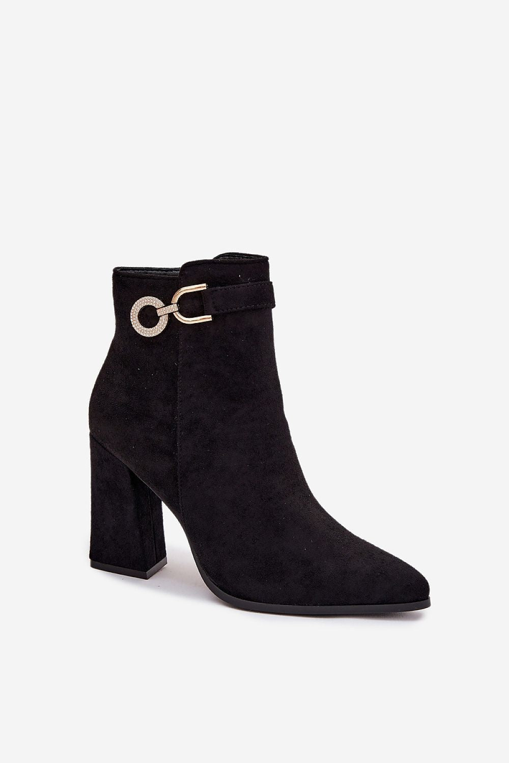 Standalone Image: Women’s black eco-leather ankle boots with pointed toe and decorative strap, pillar heel.