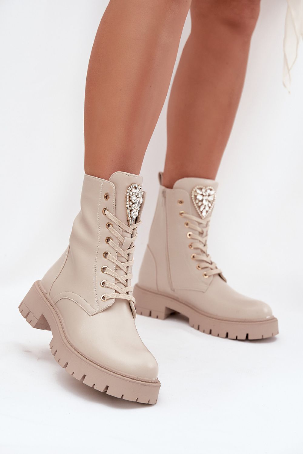 Front Image: Women’s stylish ankle boots in eco-leather, lace-up and zip fastening, with crystal heart decoration.
