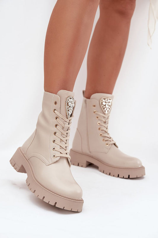 Front Image: Women’s stylish ankle boots in eco-leather, lace-up and zip fastening, with crystal heart decoration.