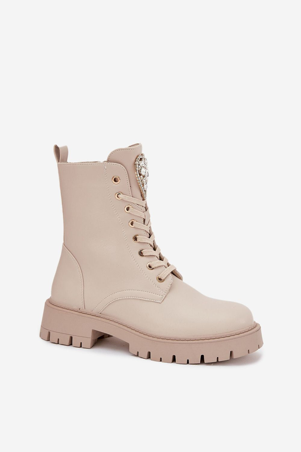 Standalone Image: Women’s eco-leather ankle boots with crystal heart detail, lace-up and zipper closure.