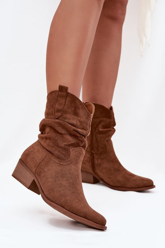 Front view of brown eco suede ankle boots with wrinkled upper and block heel.