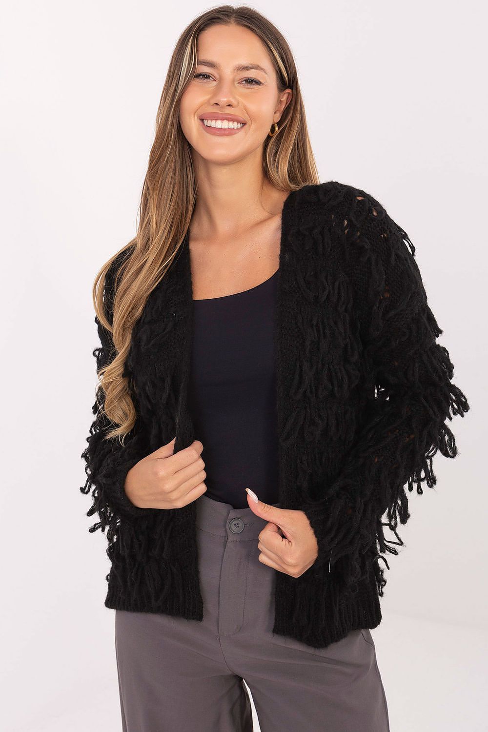  Women’s fringe cardigan in black, long sleeves, open-front, boho style.
