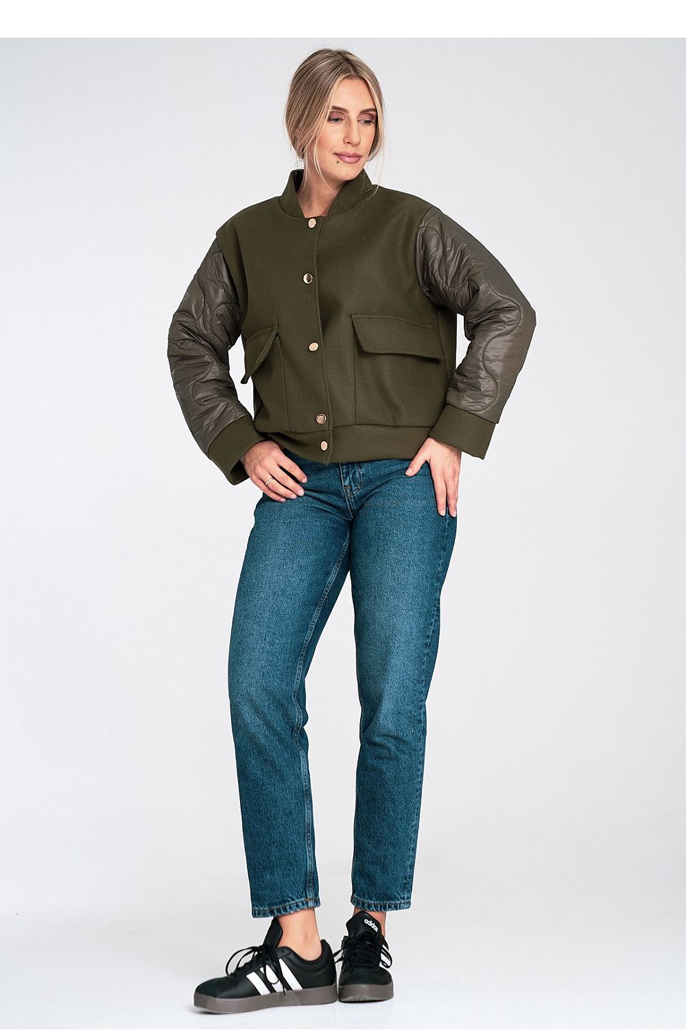 green rose signature jacket with textured sleeves