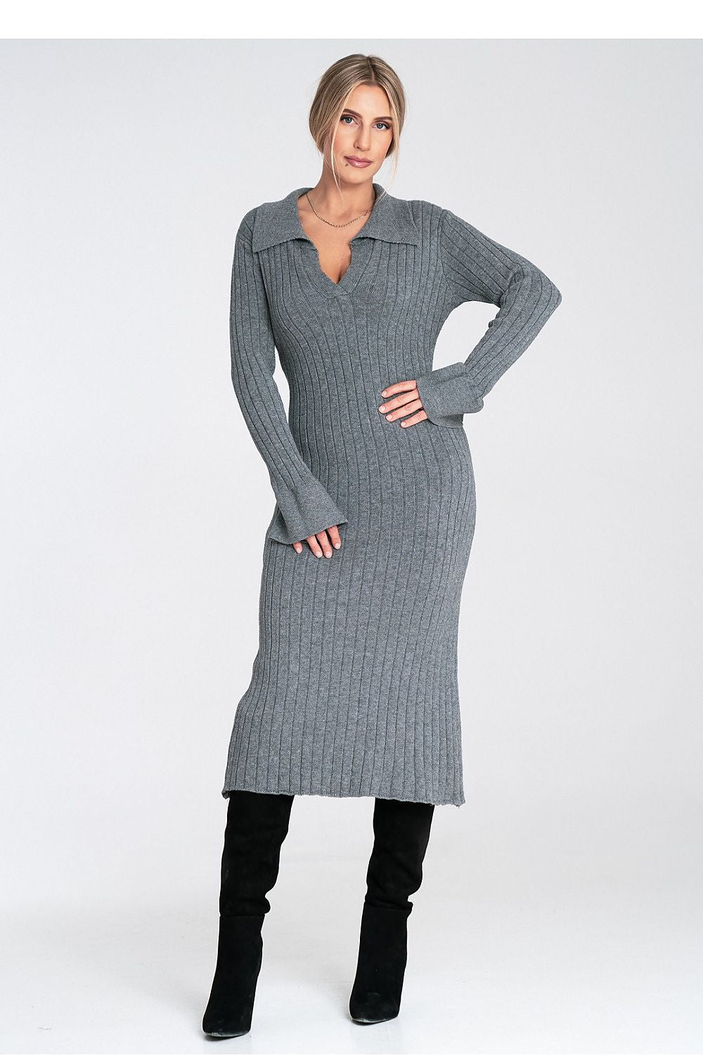  Women's grey ribbed knit midi dress with long sleeves and elegant collared neckline.