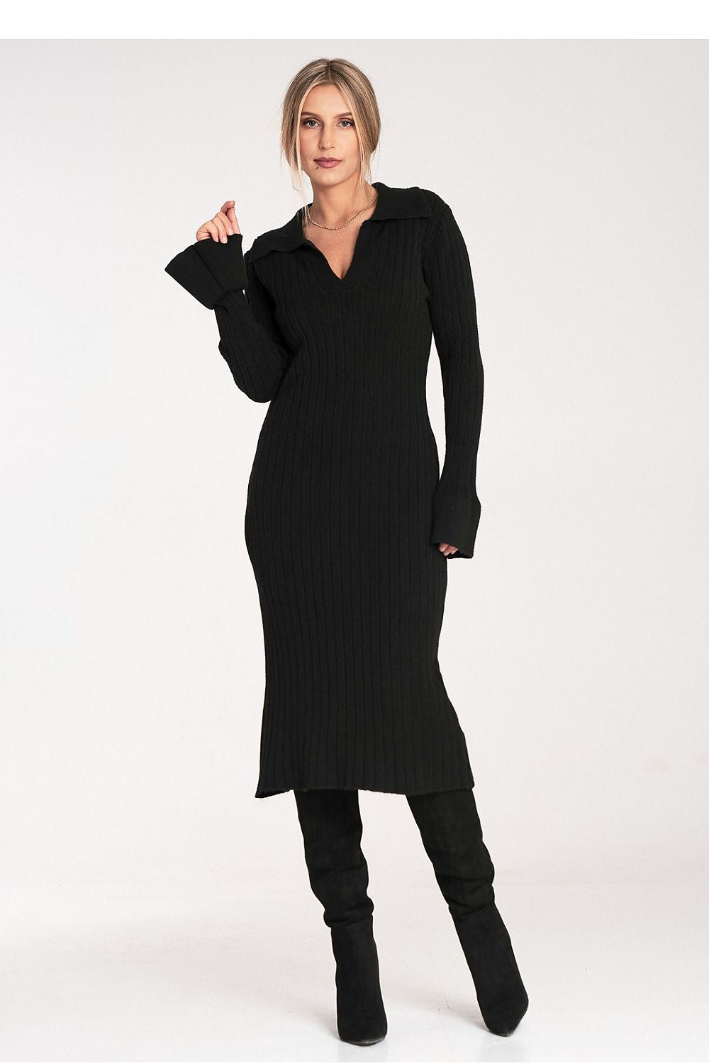  Women's black ribbed knit midi dress with long sleeves and elegant collared neckline.