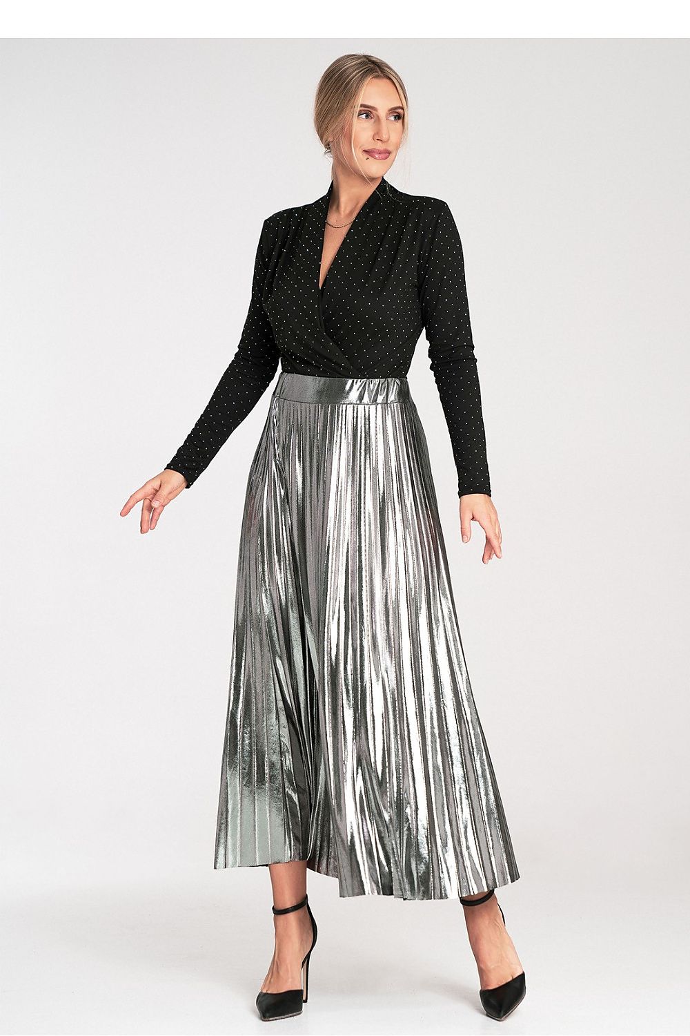  Women's black sparkle wrap bodysuit with long sleeves and elegant V neckline.