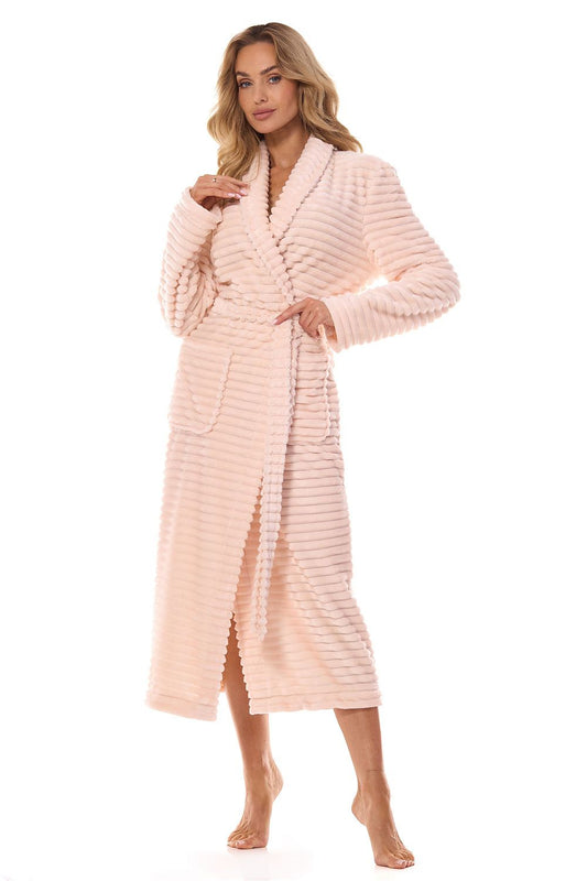  Long pink quilted women’s bathrobe with waist tie – front view