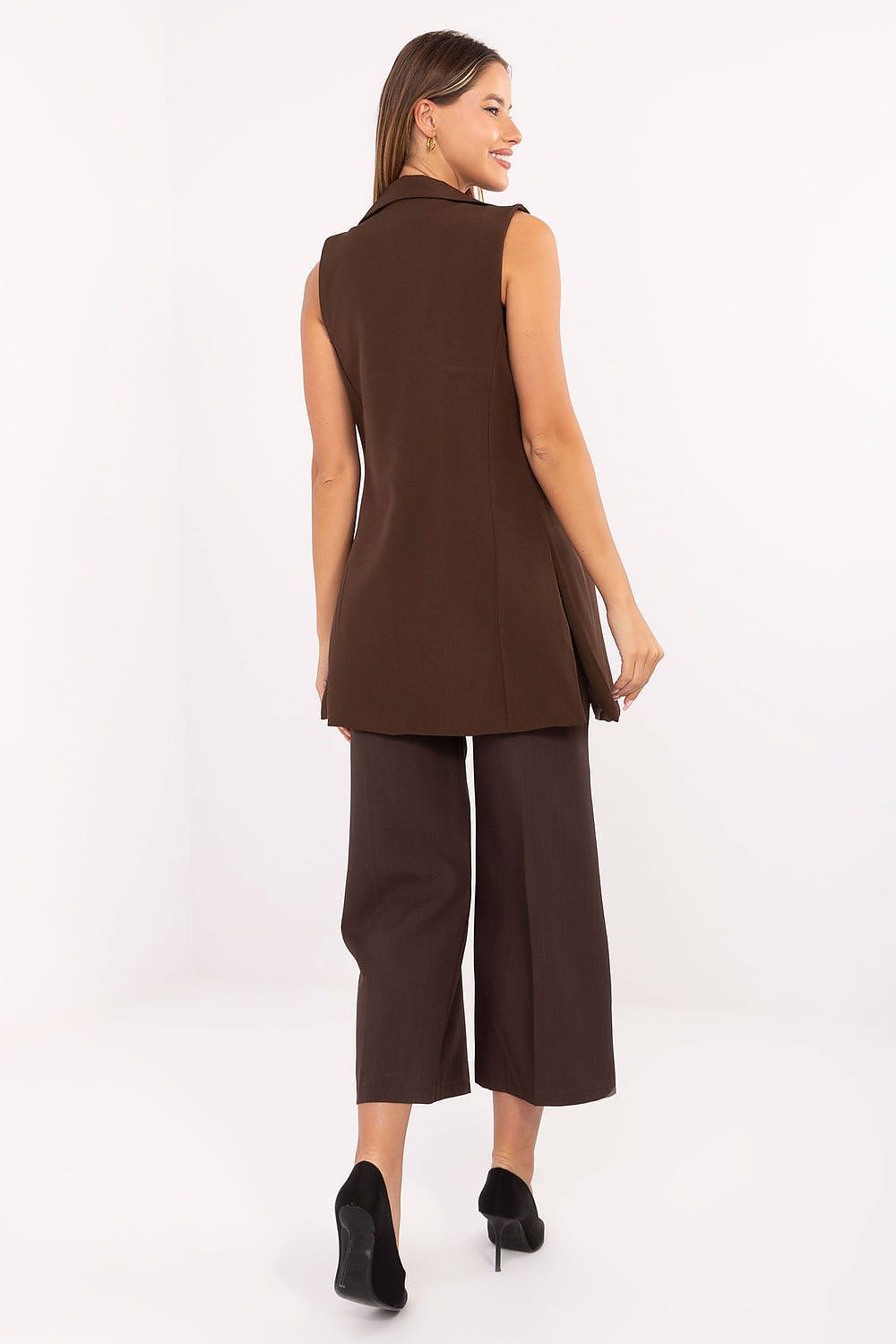 Back view of brown tailored gilet highlighting longline cut.