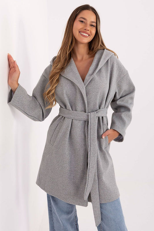 Front view of grey women’s hooded belted coat with pockets and relaxed fit.