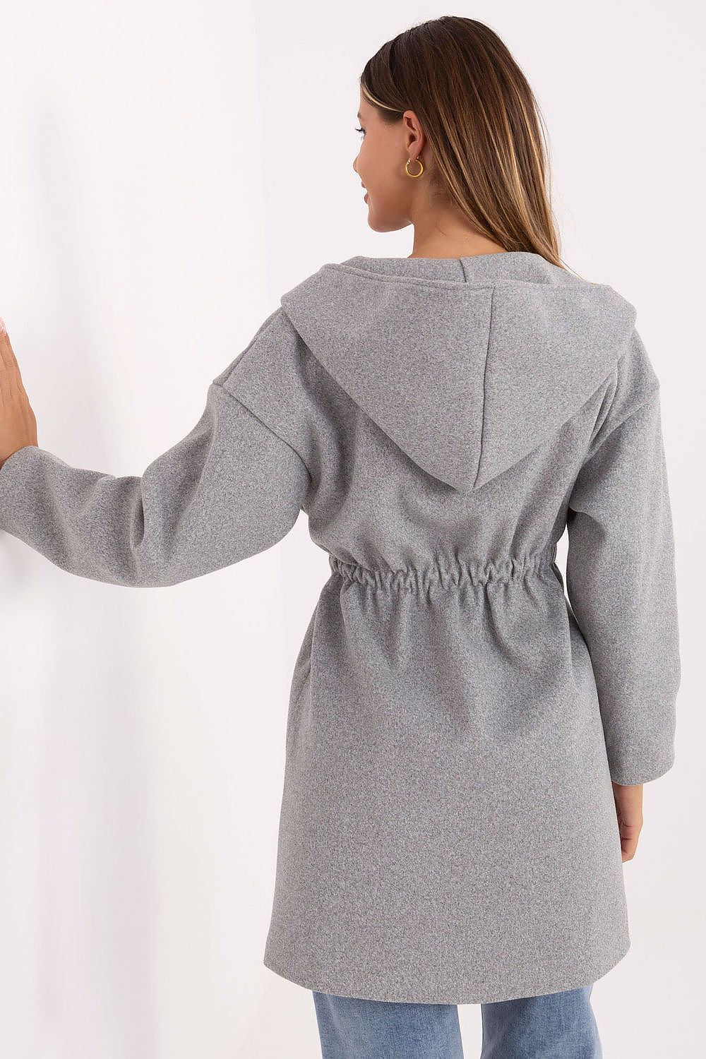  Back view of grey hooded coat highlighting oversized hood and straight cut.