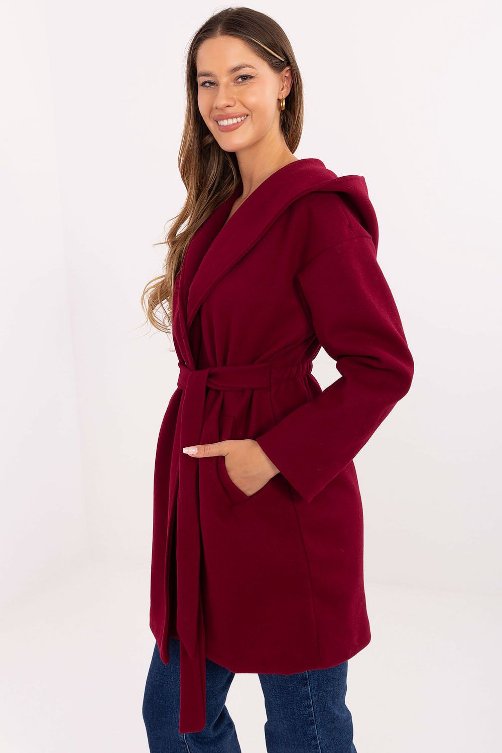  Side angle of red casual coat showing hood and waist tie
