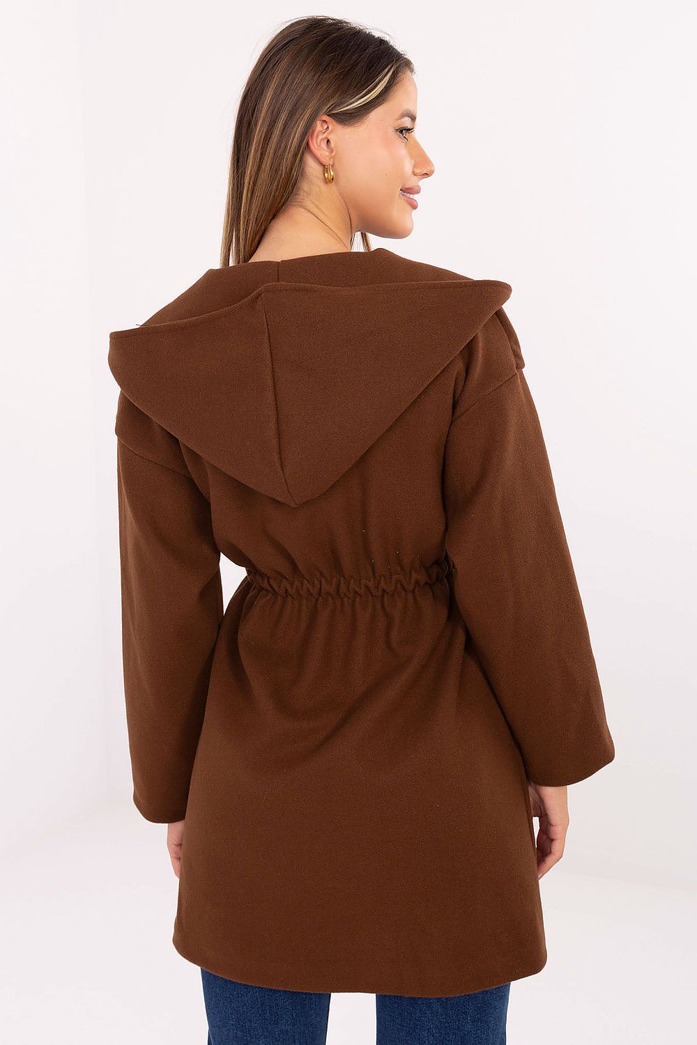 Back view of brown hooded coat highlighting hood detail.