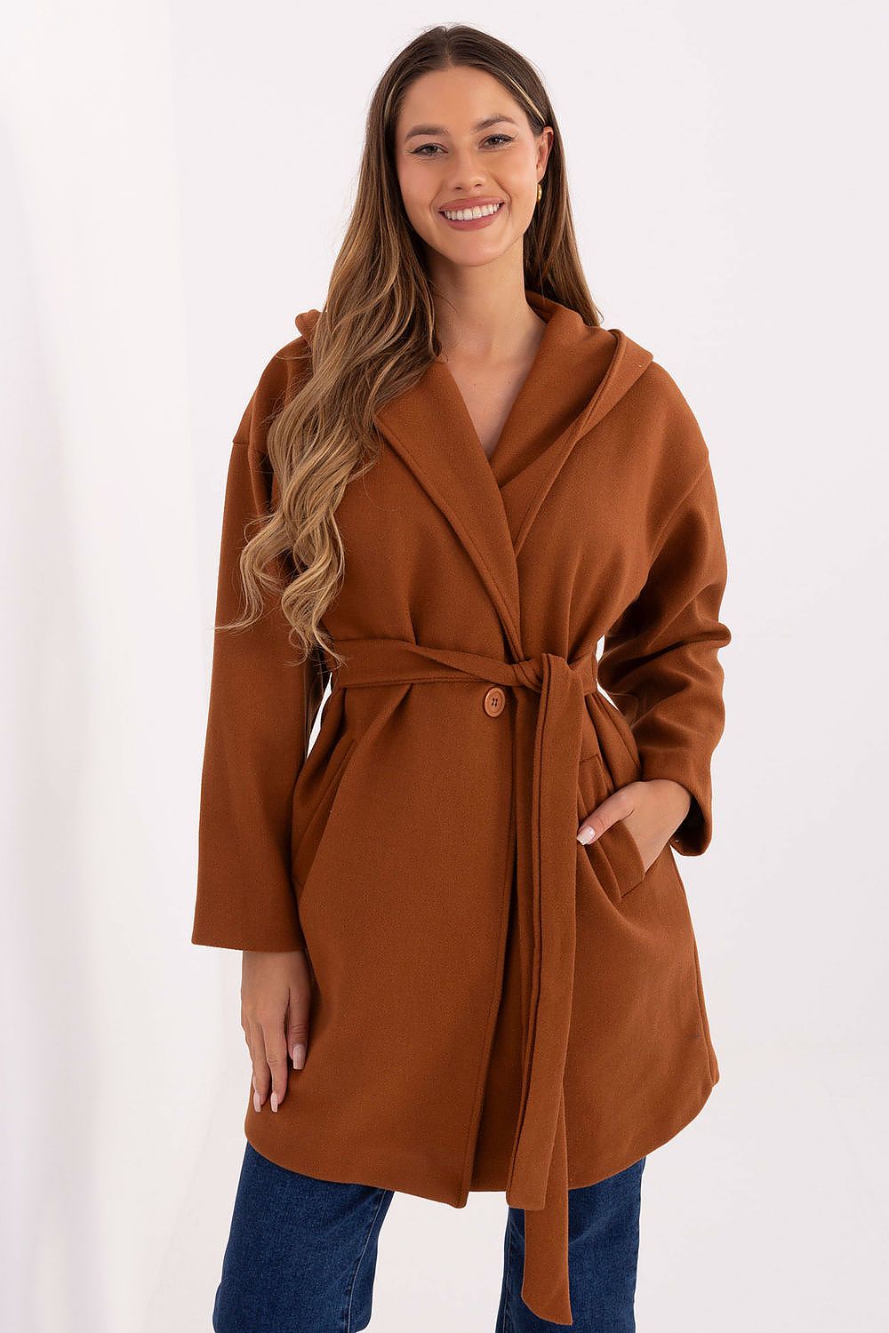Front view of brown 2 hooded belted women’s coat with tie waist.