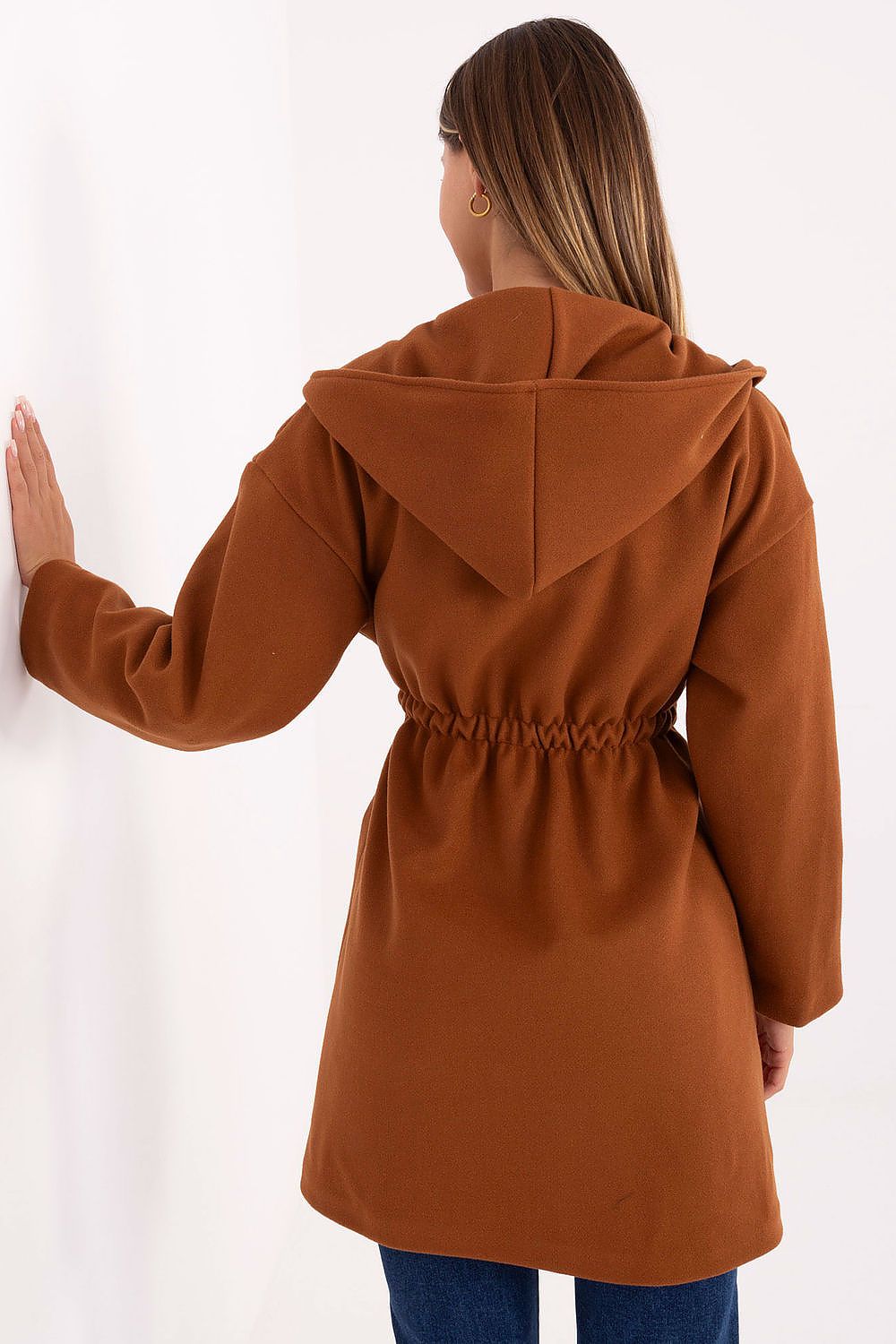 Back view of brown 2 hooded coat highlighting oversized hood.