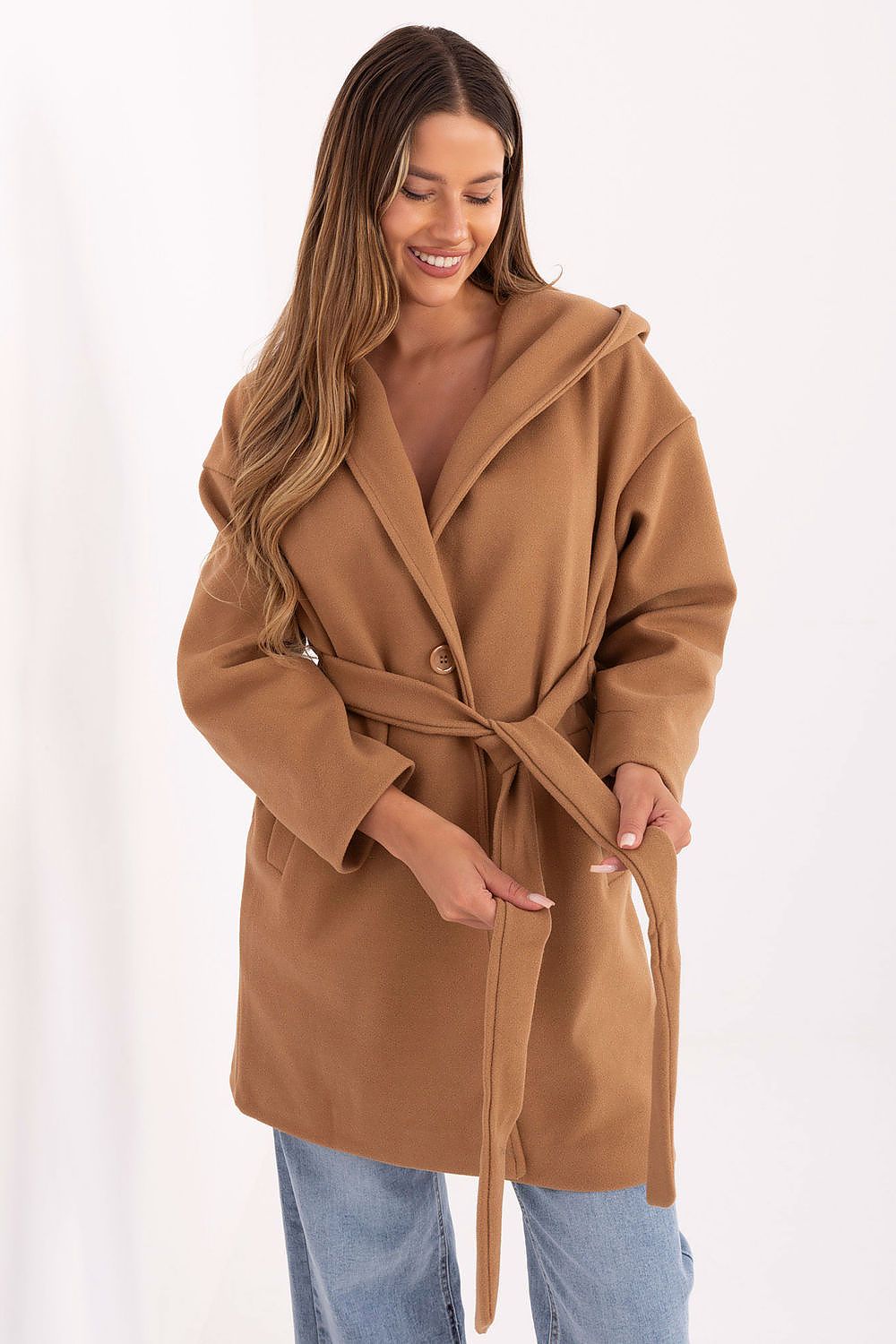  Front view of brown 3 women’s hooded coat with belt and pockets.