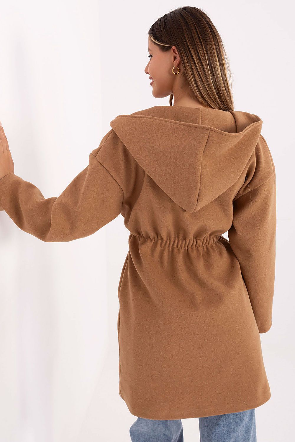 Back view of brown 3 hooded coat highlighting hood and relaxed cut.