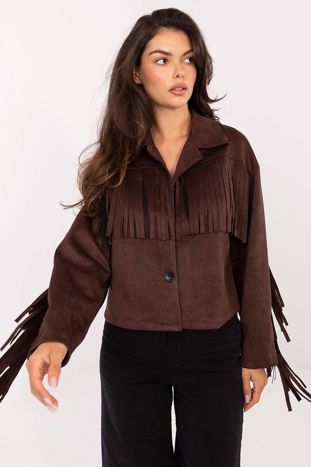 Brown fringed transitional jacket with button-up front