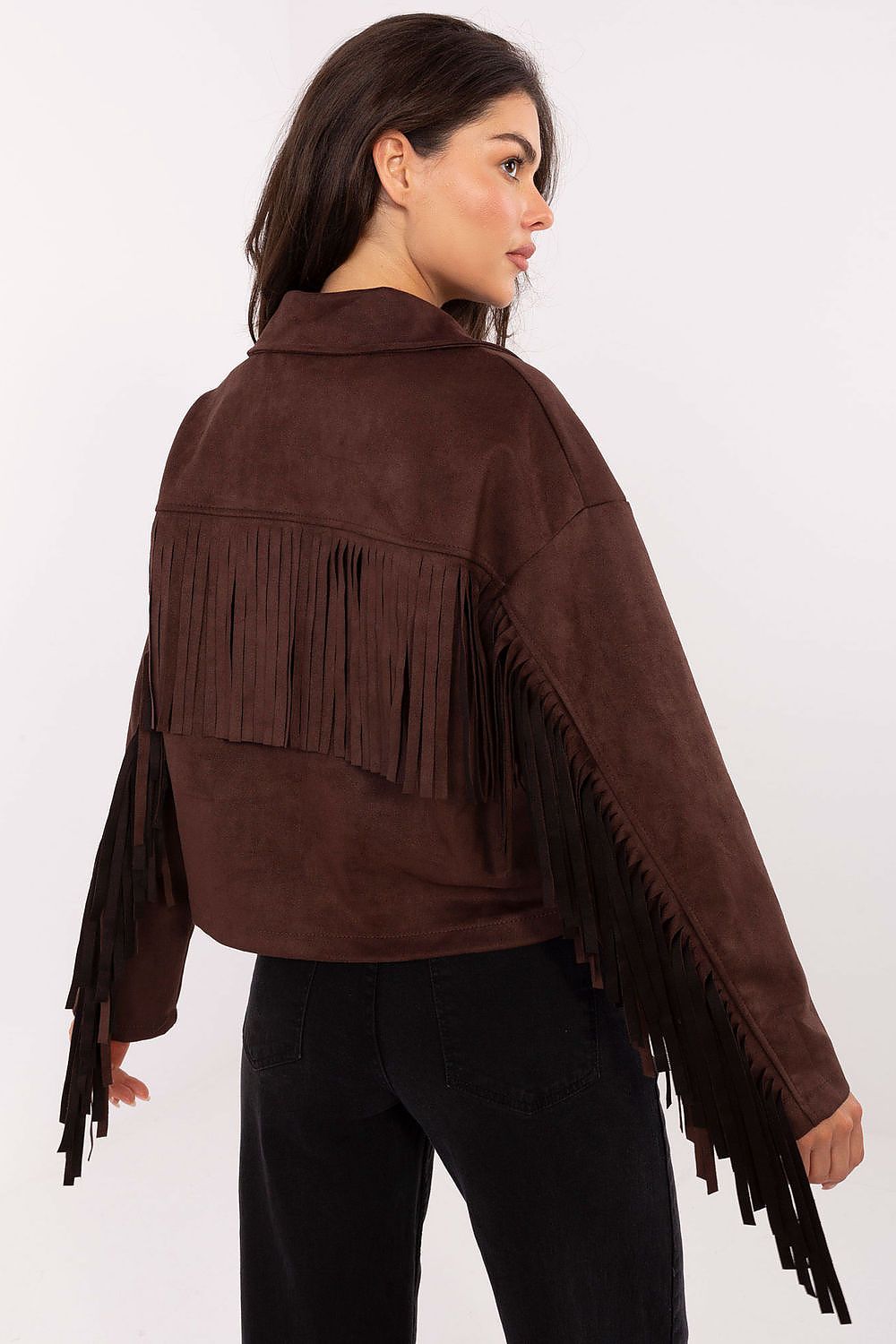 Brown fringed jacket back view on model