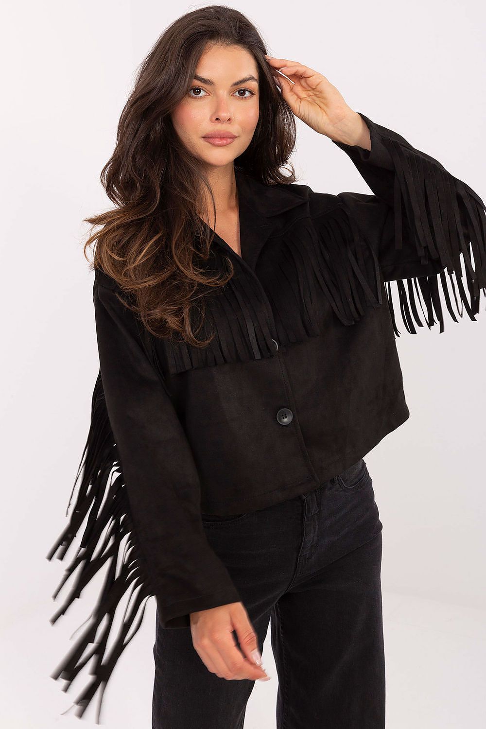 Black fringed transitional jacket front view on model