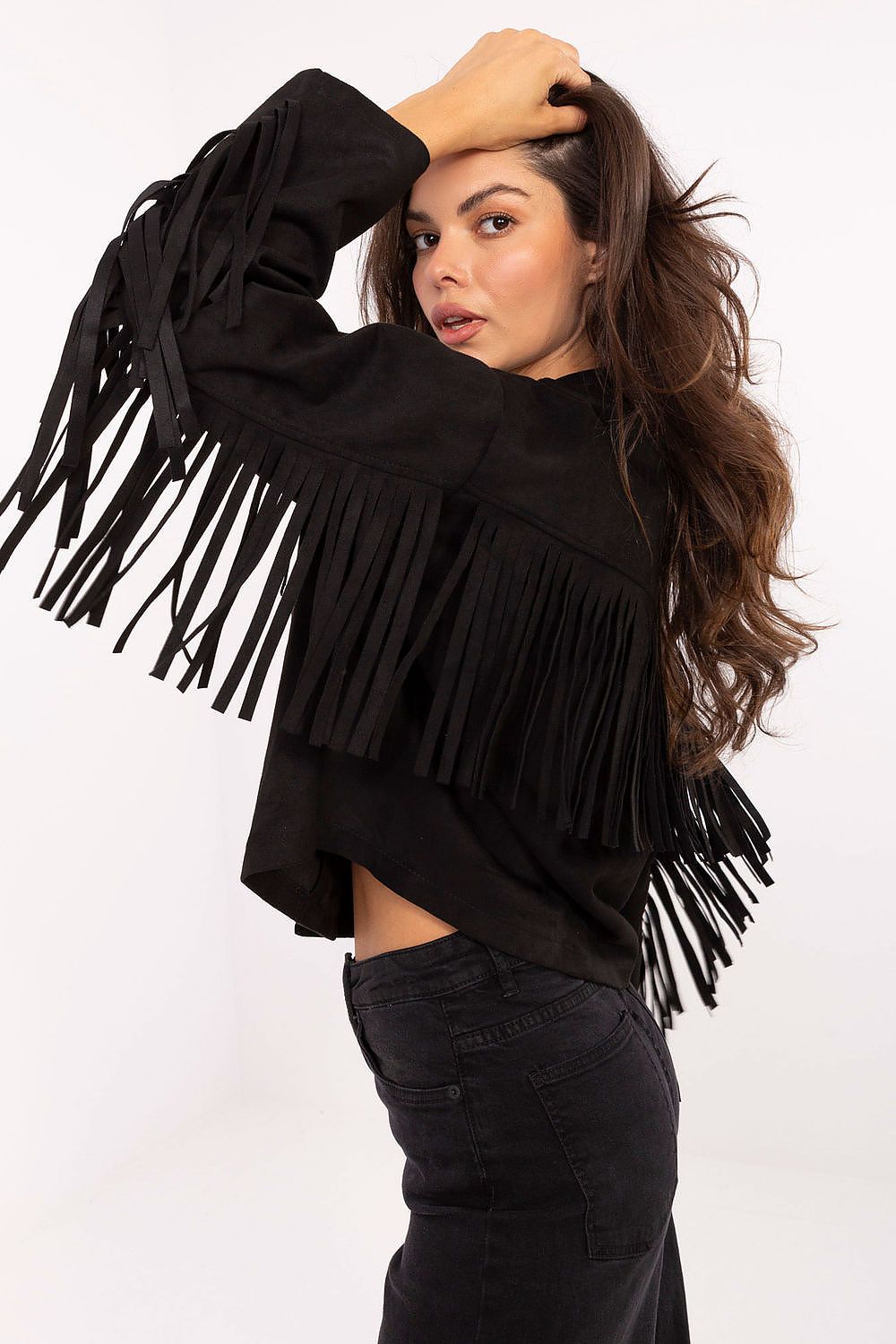 Black fringed jacket side view showing sleeve details