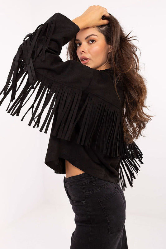Black fringed jacket side view showing sleeve details