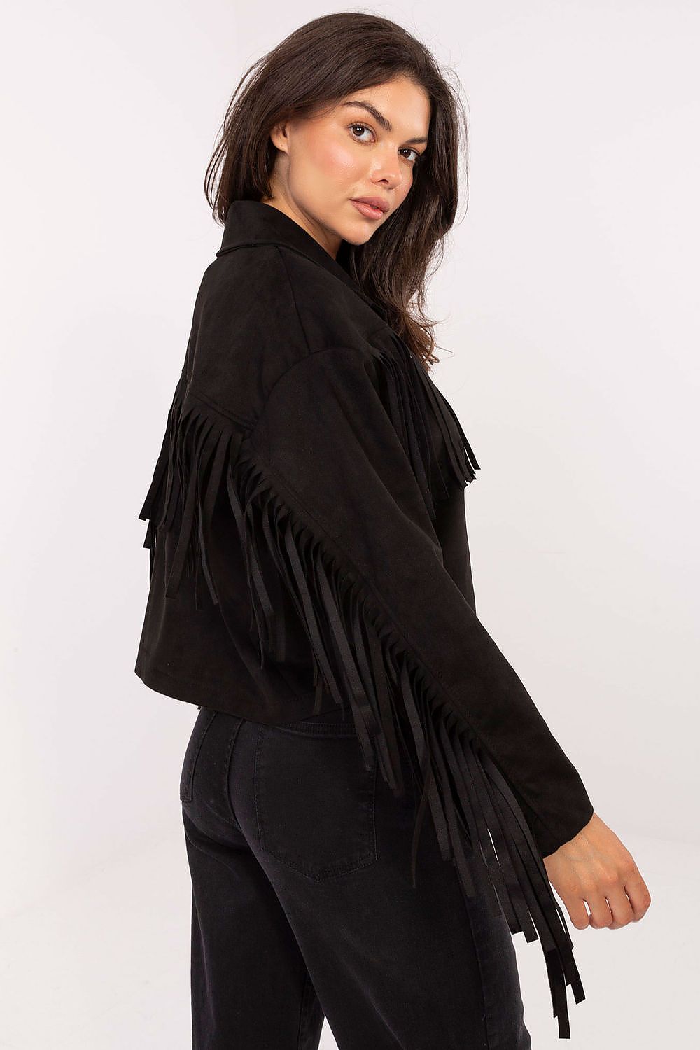 Black jacket back view highlighting stylish fringes