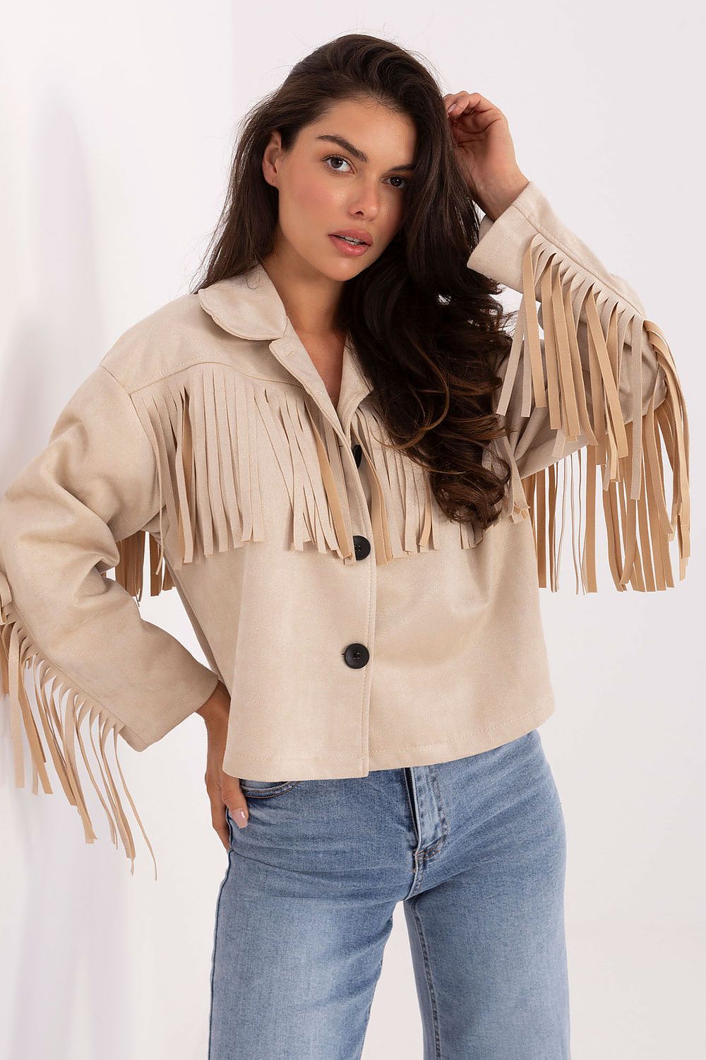  Beige fringed jacket casual front view