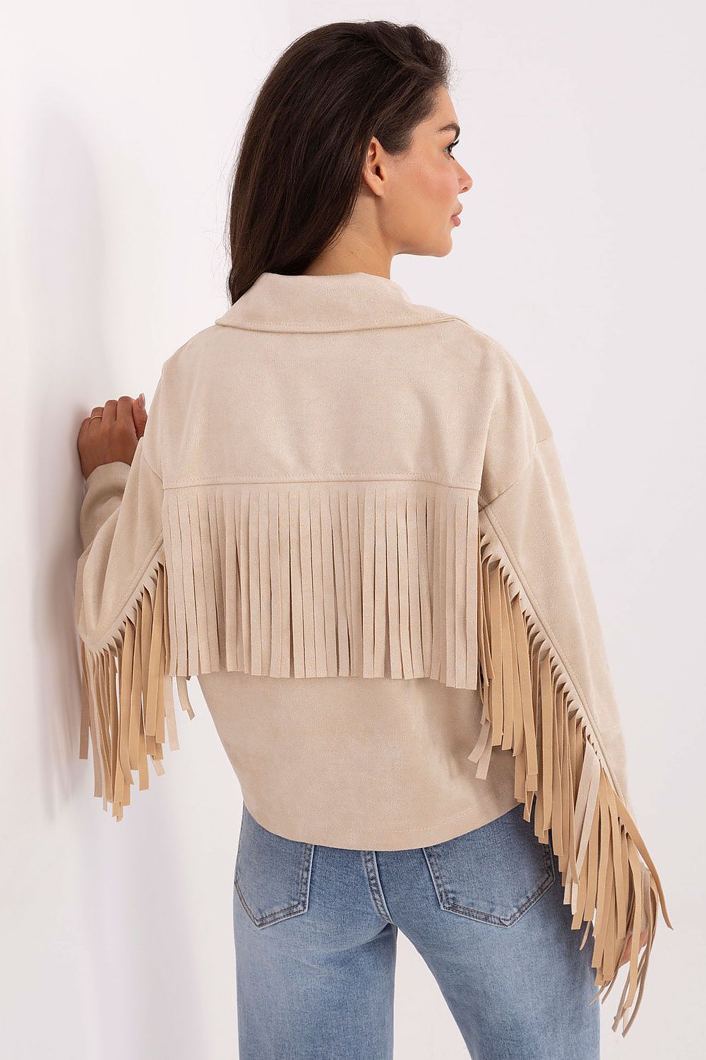 Beige fringed jacket back view showing full fringe design

